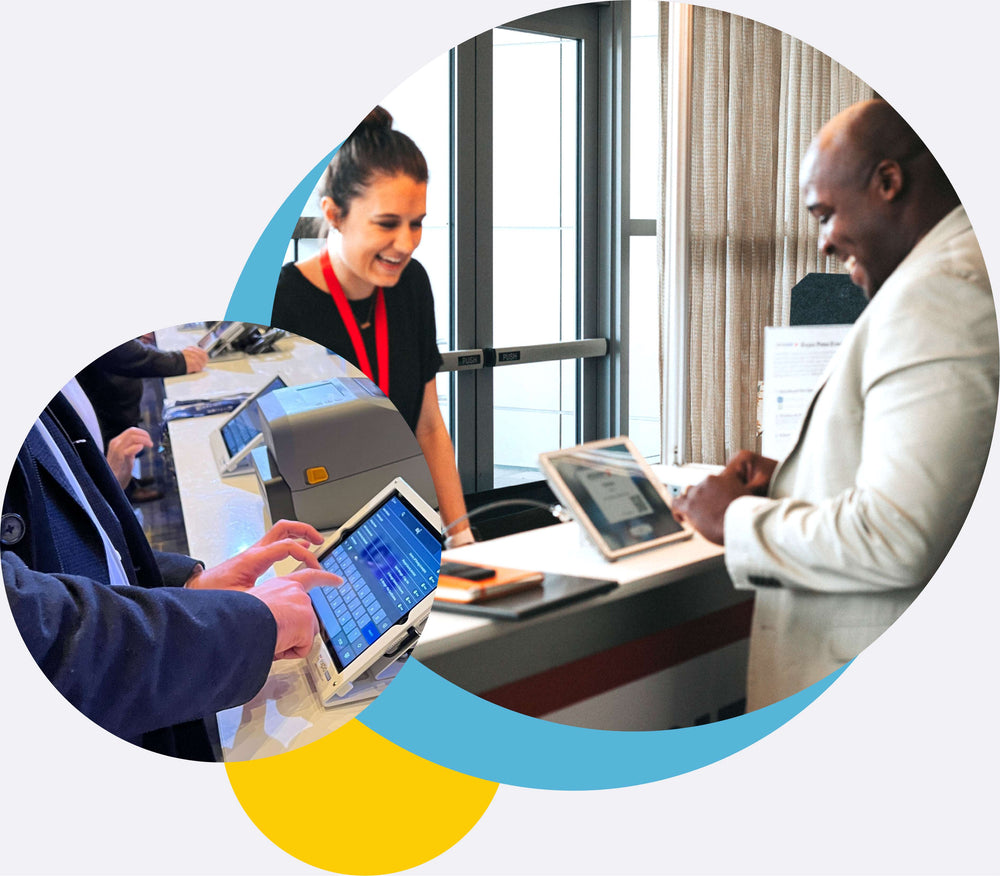 On-site event badge printing - attendees at check-in kiosks